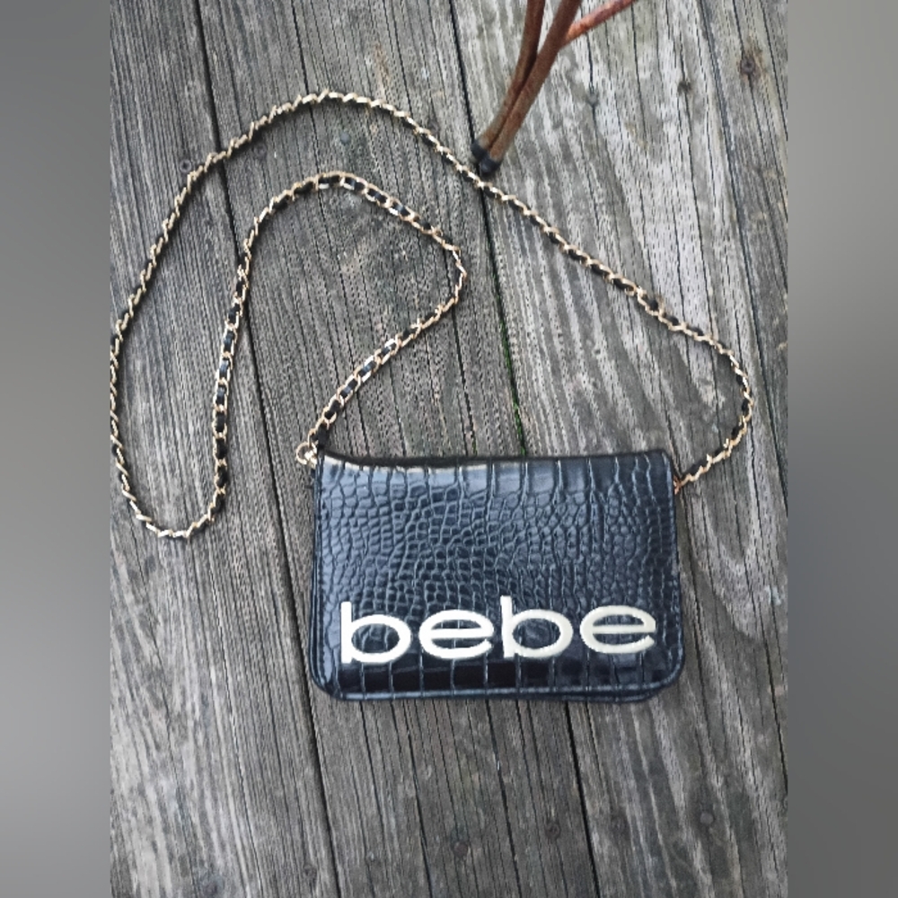 Bebe Black Shoulder Bag with Croc Texture and Chain